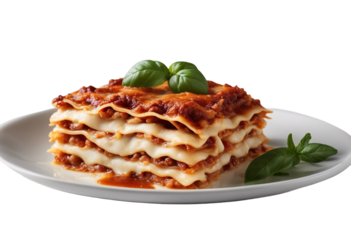Lasagna piece on a plate isolated on transparent or white background