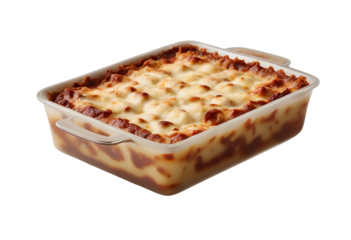 Lasagna in baking dish isolated on transparent or white background