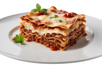Lasagna on a plate isolated on transparent or white background