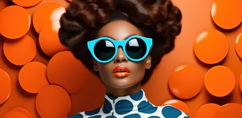 Tuinposter Fashion retro futuristic girl on background with circle pop art background. Woman in sunglasses in surrealistic 60s-70s disco club culture life style © loran4a
