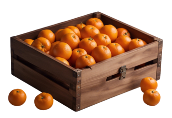 Mandarins in wooden box isolated on transparent or white background