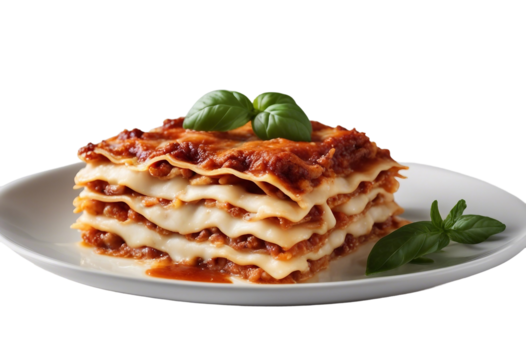 Lasagna piece on a plate isolated on transparent or white background