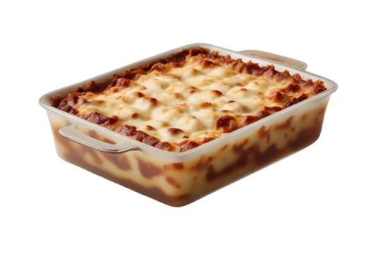 Lasagna in baking dish isolated on transparent or white background