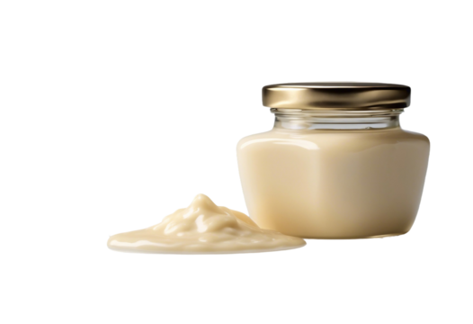 Mayonnaise drop and jar isolated on transparent or white background