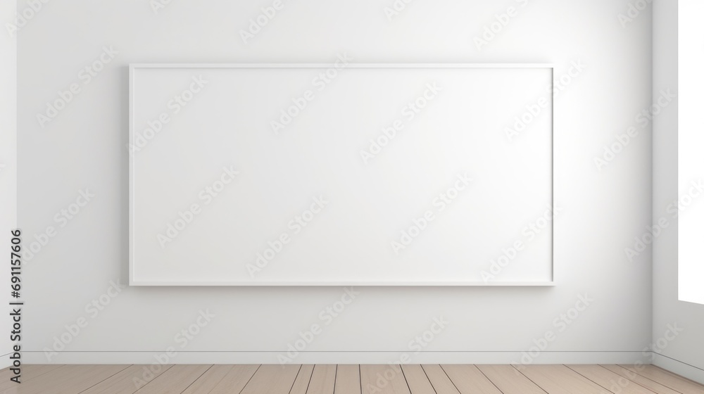 Poster A blank picture frame hangs on a wall in an empty room. Perfect for showcasing your own artwork or photographs