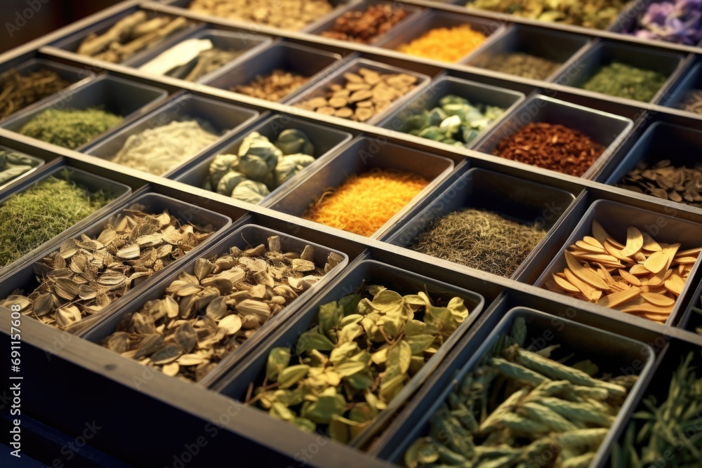 Poster a display case filled with a diverse selection of herbs. perfect for showcasing the wide range of he