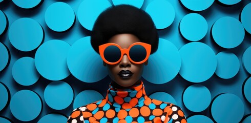 Fashion retro futuristic girl on background with circle pop art background. Woman in sunglasses in...