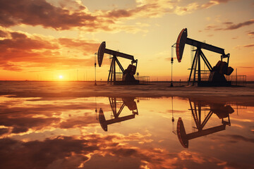 Fototapeta premium oil drilling silhouettes derricks pumps against background of sunset, crude oil petroleum production from the ground