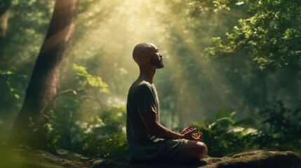 A man is sitting on a rock in the middle of a forest. This image can be used to portray solitude and reflection in nature