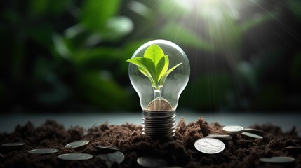 Green Energy Investment - Plants Growth On Money euro And Tree In Lightbulb - obrazy, fototapety, plakaty
