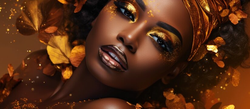 Fictitious African American woman in gold on golden sparkling background, girl in golden dress. Luxury and premium photography for advertising product design