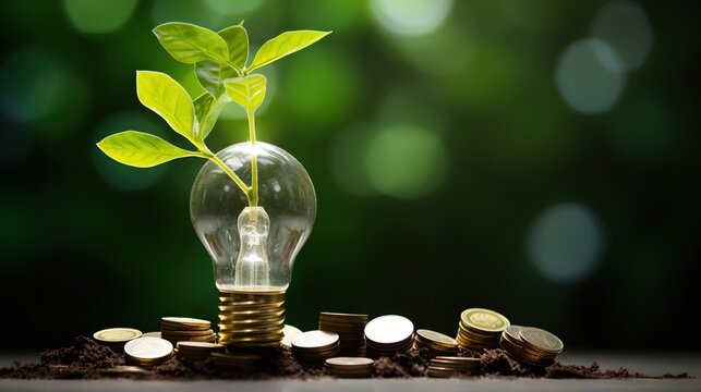 Green Energy Investment - Plants Growth On Money euro And Tree In Lightbulb