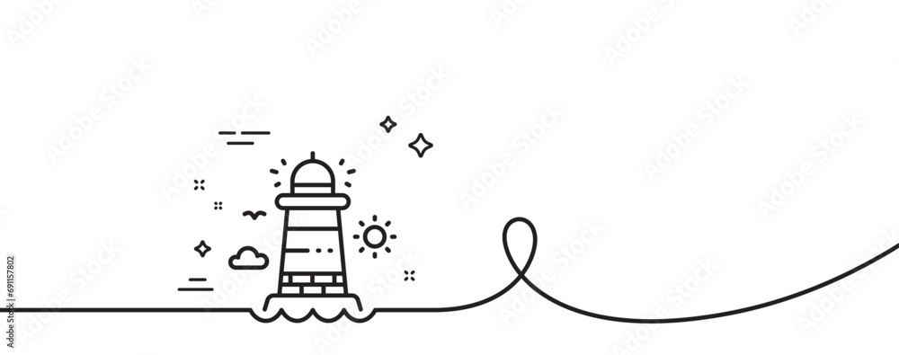 Poster lighthouse line icon. continuous one line with curl. beacon tower sign. searchlight building symbol.