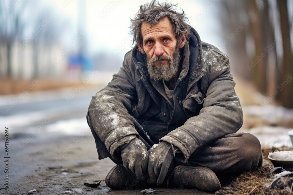 Poster a man sitting on the ground with his hands resting on his knees. suitable for various applications