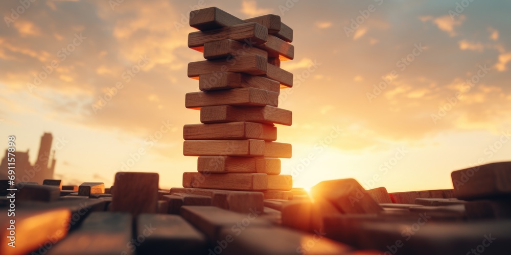 Aufkleber a stack of wooden blocks sitting on top of a table. can be used for educational or business concepts