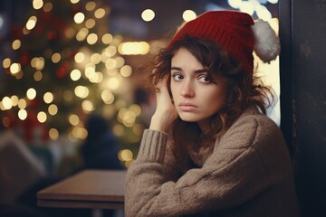 A woman is sitting at a table in front of a Christmas tree. This image can be used for holiday-themed designs or to depict a cozy home atmosphere during the festive season