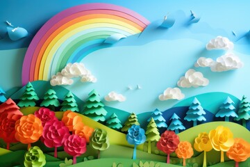 Fototapeta na wymiar A paper cutout of a rainbow and trees. Perfect for crafts, scrapbooking, and creative projects