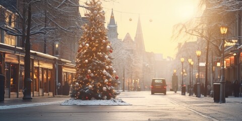 A picturesque snowy street with a beautifully decorated Christmas tree in the middle. Perfect for holiday-themed designs and winter celebrations