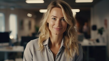 Obraz premium A woman standing in an office with a smile on her face. Suitable for business and workplace themes