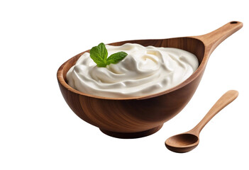 Fototapeta na wymiar Sour cream in wooden bowl and spoon mayonnaise yogurt isolated on transparent or white background