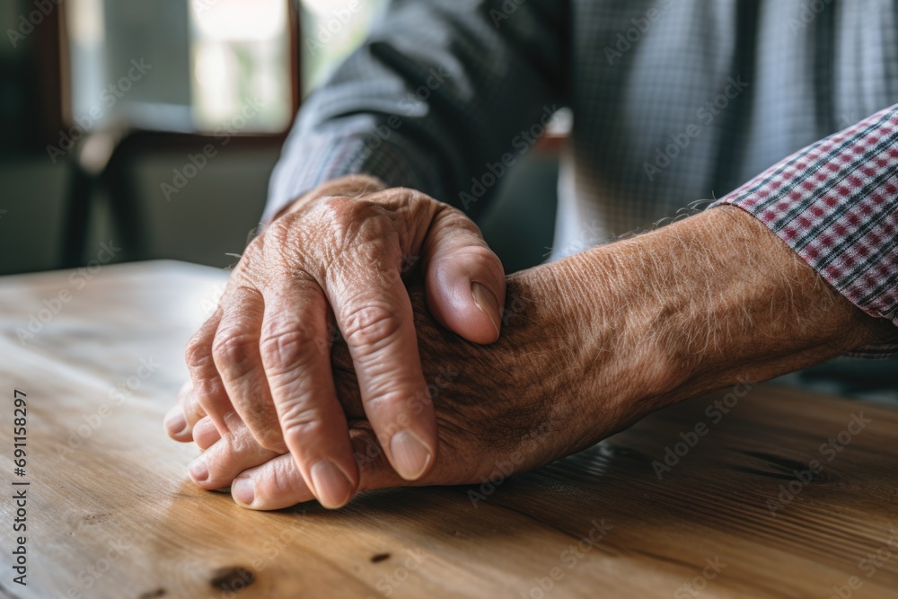 Aufkleber A close-up view of a person's hands resting on a table. Versatile image suitable for various applications