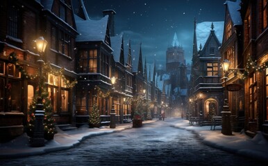 snowy night town, christmas lights