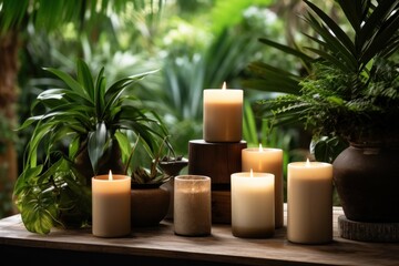 some candles burning near potted plants