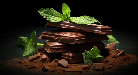 some chocolate pieces and mint leaves on a dark background - obrazy, fototapety, plakaty