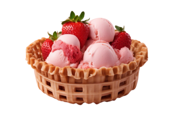 Strawberry ice cream in waffle basket isolated on transparent or white background