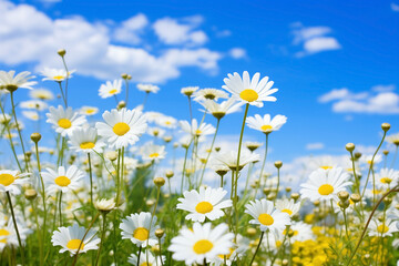 daisies and dandelions wildflowers close-up, in field against blue sky with clouds, selective focus