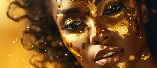 Fictitious African American woman in gold on golden sparkling background, girl in golden dress. Luxury and premium photography for advertising product design