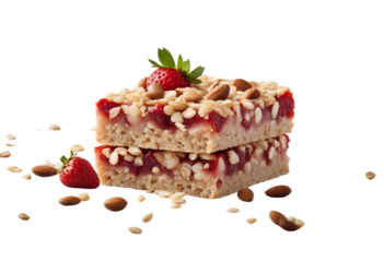 Strawberry oat and nut bar isolated on transparent or white background