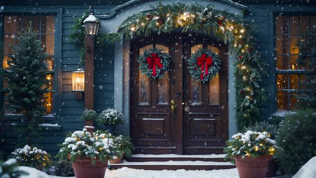 Front door of a house, a festive wreath or a unique door decorations Christmas ornament. Celebrate holidays. Snowfall.
