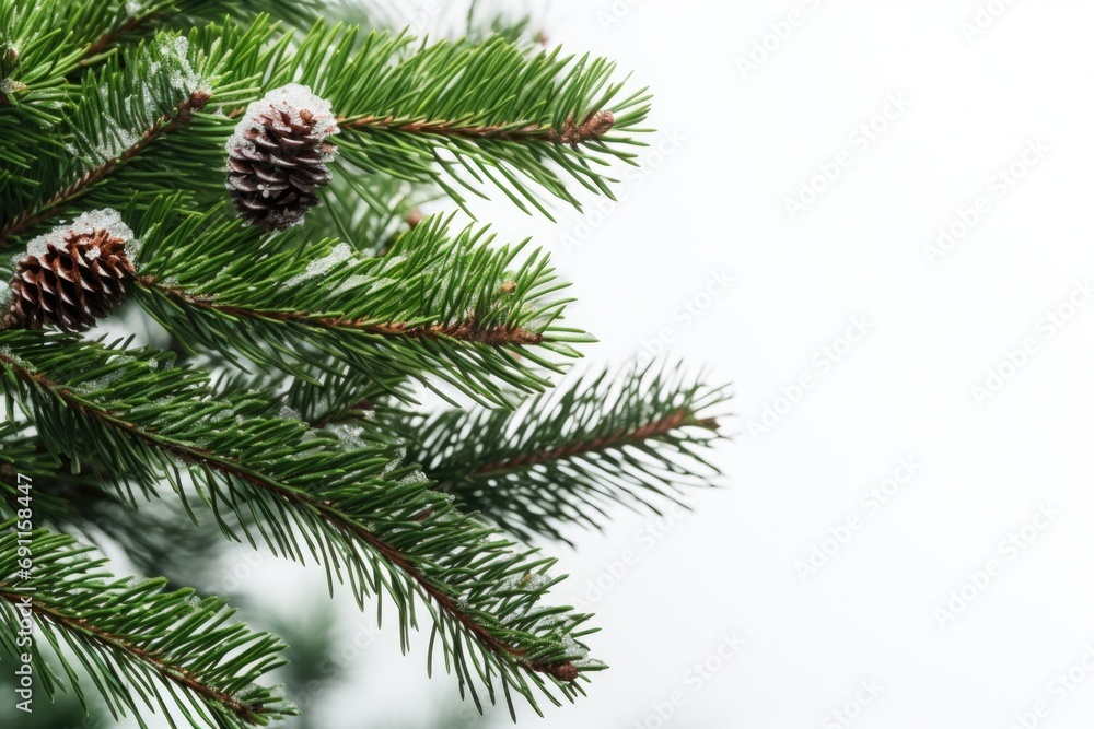 Poster A close-up view of a pine tree branch with two cones. Perfect for nature-themed designs and holiday-related projects