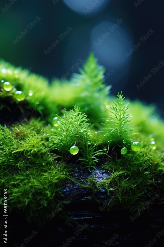 Poster a close up view of a log covered in vibrant green moss. this image can be used to depict nature, env