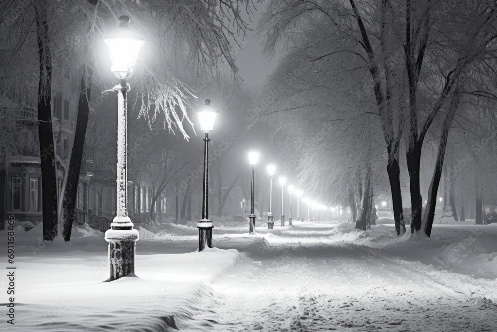 Poster a black and white photo of a snowy street. perfect for winter-themed projects or adding a touch of n
