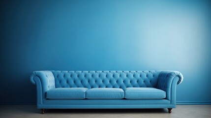  a blue couch against a blue wall in a room with a light wood floor and a blue wall with a light blue couch in the middle of the room and a light blue wall.