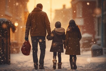 A man and two children are walking in the snow. This image can be used to depict a winter family...