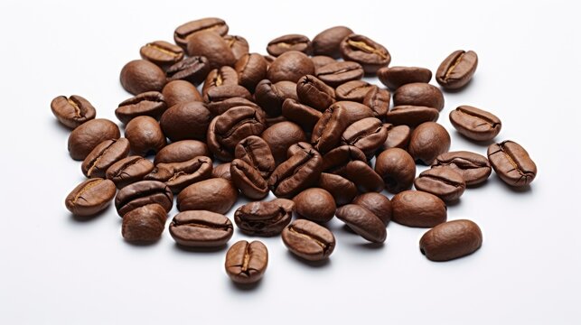 A pile of coffee beans on a white surface. This image can be used for coffee-related projects and designs