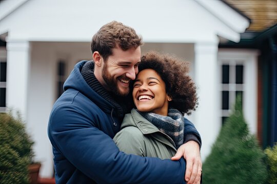 A cheerful and happy interracial couple sharing laughs and love in front of their house.