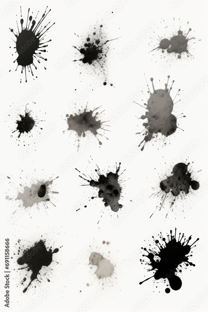Poster A collection of black ink splats on a clean white background. Versatile and suitable for various design projects