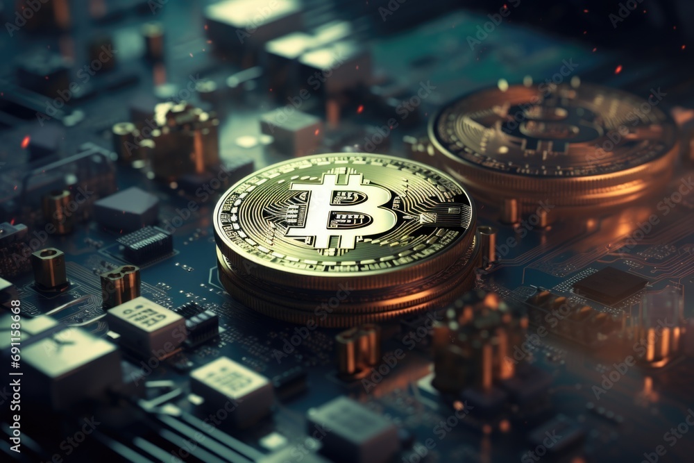 Poster a bitcoin sitting on top of a computer motherboard. ideal for illustrating cryptocurrency, technolog