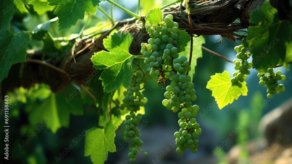 Poster fresh and vibrant green grapes hanging from a vine. perfect for use in food and agriculture-related 