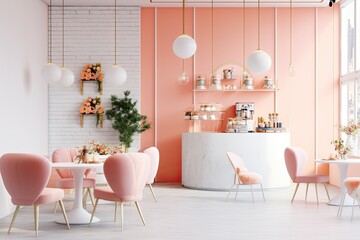 A modern and stylish juice bar or cafe interior with pastel colors, wooden furniture, and an...