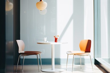 Obraz premium A stylish cafe interior featuring a private table and chairs, bathed in natural sunlight, creating a comfortable and inviting atmosphere.