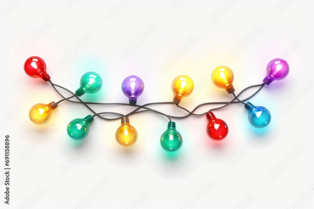 Poster A string of multicolored Christmas lights on a white surface. Perfect for adding a festive touch to any holiday-themed project