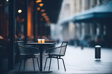 An outdoor cafe terrace with a sole table, chairs, in a charming European city.