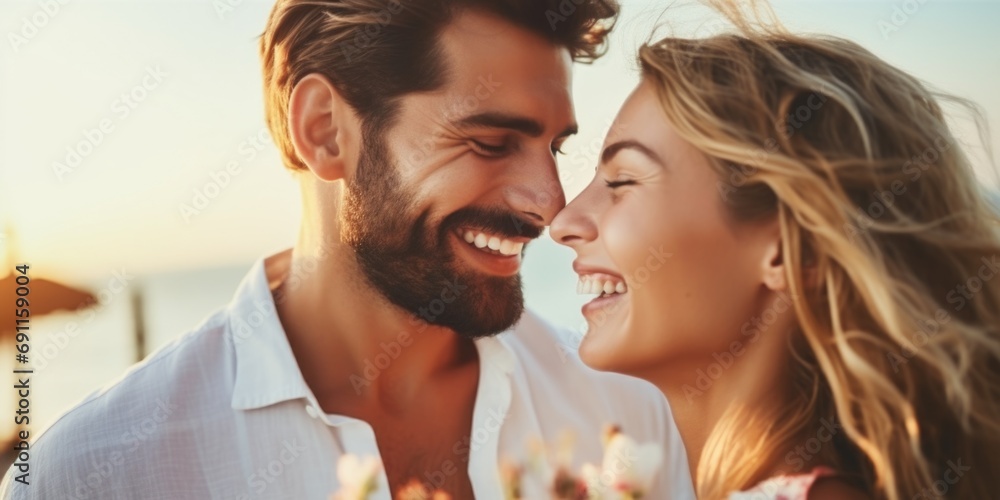 Poster a picture of a man and a woman smiling at each other. suitable for various uses