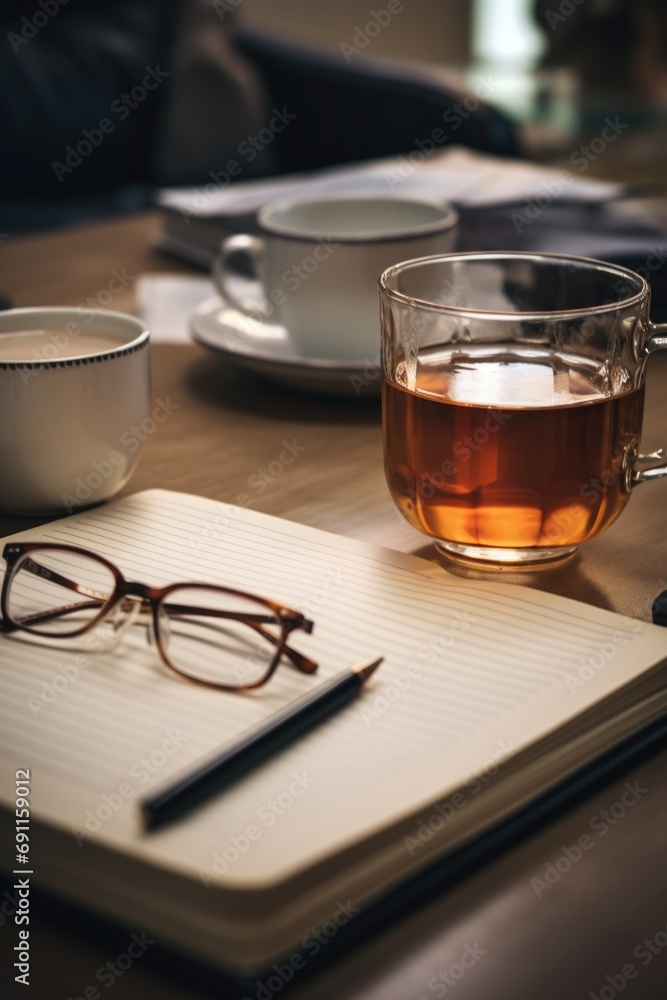 Poster a cup of tea and a notebook placed on a table. perfect for illustrating relaxation, productivity, or
