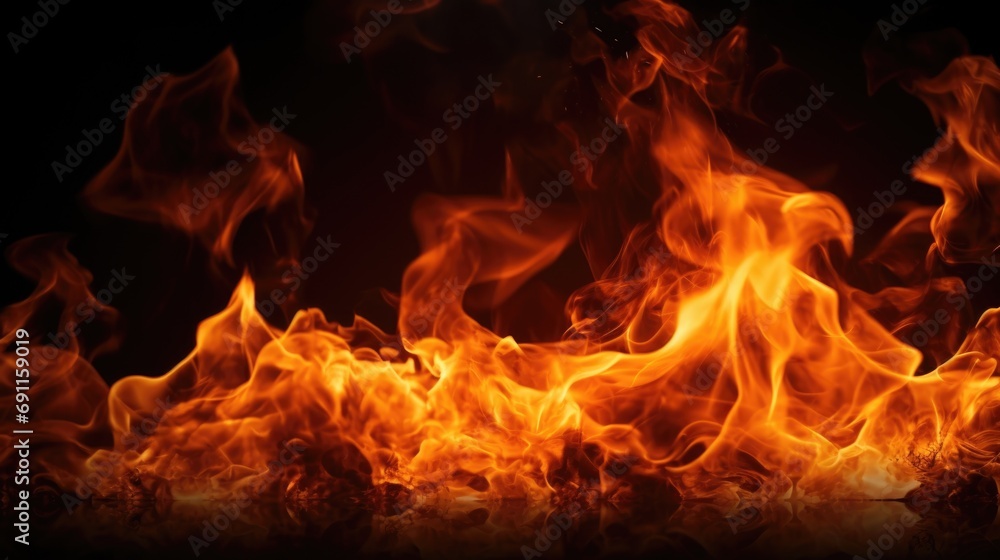 Poster a close-up view of a fire burning on a black background. suitable for various uses